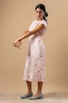 Doodlage_Pink Linen Round Neck Printed Dress With Belt _Online_at_Aza_Fashions