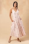 Doodlage_Pink Linen V-neck Printed Dress _Online_at_Aza_Fashions