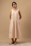 Buy_Doodlage_Beige Cotton Embroidery Round Neck Organic Dress _at_Aza_Fashions