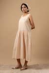 Doodlage_Beige Cotton Embroidery Round Neck Organic Dress _Online_at_Aza_Fashions