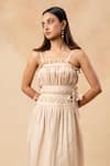 Doodlage_Beige Cotton Embroidery Square Neck Organic Dress _at_Aza_Fashions