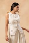 Buy_Doodlage_Beige Embroidery Round Neck Handwoven Waistcoat And Skirt Set _Online_at_Aza_Fashions