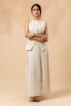Doodlage_Beige Embroidery Round Neck Handwoven Waistcoat And Skirt Set _at_Aza_Fashions
