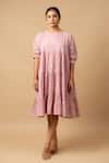 Buy_Doodlage_Pink Embroidery Round Neck Bandhani Tiered Dress _at_Aza_Fashions