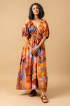 Buy_Doodlage_Rust Cotton Plunge Neck Orange Organic Dress _at_Aza_Fashions
