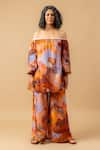 Doodlage_Rust Cotton Off-shoulder Orange Top And Pant Set _Online_at_Aza_Fashions