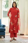 Buy_Vaayu_Orange Muslin, Cotton Embroidery, Applique Round Neck Kurta Pant Set _at_Aza_Fashions