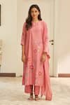 Buy_Vaayu_Pink Muslin, Cotton Embroidery Keyhole Neck Peony Applique Kurta Pant Set _Online_at_Aza_Fashions