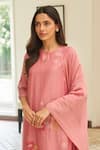 Shop_Vaayu_Pink Muslin, Cotton Embroidery Keyhole Neck Peony Applique Kurta Pant Set _Online_at_Aza_Fashions