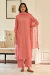 Vaayu_Pink Muslin, Cotton Embroidery Split V-neck Thread Work Kurta Set _Online_at_Aza_Fashions