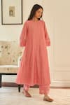 Buy_Vaayu_Pink Muslin, Cotton Embroidery Keyhole Neck Thread Work Kurta And Pant Set _Online_at_Aza_Fashions