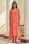 Shop_Vaayu_Pink Muslin Embroidery Round Neck Hibiscus Pintuck Dress _Online_at_Aza_Fashions