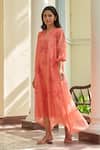 Buy_Vaayu_Pink Muslin Embroidery Round Neck Hibiscus Pintuck Dress _at_Aza_Fashions