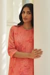 Vaayu_Pink Muslin, Cotton Applique Round Neck Hibiscus Kurta Pant Set _Online_at_Aza_Fashions