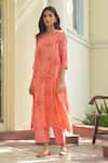 Shop_Vaayu_Pink Muslin, Cotton Applique Round Neck Hibiscus Kurta Pant Set _Online_at_Aza_Fashions