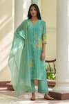 Buy Vaayu Mint Muslin, Cotton Embroidery V-neck Applique Kurta Set at Aza Fashions Buy_Vaayu_Mint Muslin, Cotton Embroidery V-neck Applique Kurta Set _at_Aza_Fashions