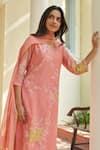 Shop_Vaayu_Pink Muslin, Cotton Embroidery Split V-neck Peony Floral Kurta Set _Online_at_Aza_Fashions