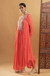 Bha Sha_Orange Georgette, Shantoon Round Neck Designer Zardozi Work Kurta And Pant Set _Online_at_Aza_Fashions