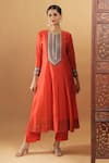 Buy_Bha Sha_Orange Chanderi, Shantoon, Net Beads Round Neck Kalindi Anarkali Set 