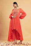 Buy_Bha Sha_Orange Georgette, Shantoon Zari, Crimson Zardozi Work Kurta And Pant Set _at_Aza_Fashions