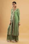 Buy_Bha Sha_Olive Green Chanderi, Chinon, Net Embroidery V-neck Thread Work Kurta Set _Online_at_Aza_Fashions