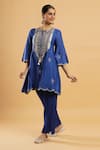 Bha Sha_Blue Chanderi, Shantoon Embroidery, Indigo Zardozi Work Kurta And Pant Set _Online_at_Aza_Fashions