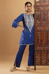 Bha Sha_Blue Chanderi, Shantoon Embroidery, Indigo Zardozi Work Kurta And Pant Set _at_Aza_Fashions