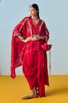 Buy_Prahnaaya_Red Crepe, Silk Embroidery V-neck Maia Anti-fit Tunic Set _at_Aza_Fashions