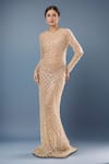 Buy_Seema Gujral_Beige Sequins, Beads Round Neck Embroidered Gown _at_Aza_Fashions