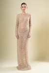 Shop_Seema Gujral_Beige Sequins, Beads Round Neck Embroidered Gown _Online_at_Aza_Fashions