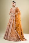 Kalighata_Orange Silk, Net Sequins, Embroidery Square Neck Rust Shadi Saga Lehenga Set _Online_at_Aza_Fashions