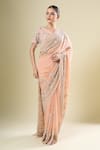 Kalighata_Pink Chiffon, Silk Pearls, Embroidery, Sequins V-neck Silver Saree Set_Online_at_Aza_Fashions