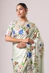 Shop Anamika Khanna Blue Cotton Embroidery, Beads Round Neck Light Floral Printed Saree Set Online at Aza Fashions Shop_Anamika Khanna_Blue Cotton Embroidery, Beads Round Neck Light Floral Printed Saree Set _Online_at_Aza_Fashions