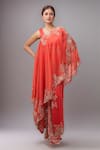 Buy_Anamika Khanna_Coral Chiffon Embroidery Round Neck Draped Skirt Set _at_Aza_Fashions