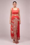 Anamika Khanna_Coral Chiffon Embroidery Round Neck Draped Skirt Set _at_Aza_Fashions