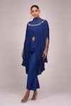 Anamika Khanna_Blue High , Square Indigo Pleated Long Capelet Set _Online_at_Aza_Fashions