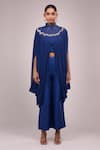 Shop_Anamika Khanna_Blue High , Square Indigo Pleated Long Capelet Set _Online_at_Aza_Fashions