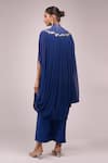 Shop_Anamika Khanna_Blue High , Square Indigo Pleated Long Capelet Set _at_Aza_Fashions