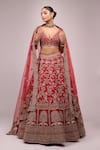 Azeera_Red Chiffon Tassels, Embroidery Round Neck Lehenga Set _Online_at_Aza_Fashions