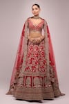 Azeera_Red Chiffon Tassels, Embroidery Round Neck Lehenga Set _at_Aza_Fashions