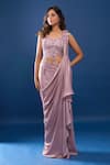 Buy_Samyukta Singhania_Mauve Lycra Embroidery, Sequins One Shoulder Pink Pre-draped Saree With Blouse _at_Aza_Fashions