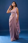 Buy_Samyukta Singhania_Mauve Lycra Embroidery, Sequins One Shoulder Pink Pre-draped Saree With Blouse _Online_at_Aza_Fashions