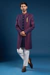 Buy_Arihant Rai Sinha_Wine Jacquard, Silk Brooches, Tassels Navy Blue Dupion Sherwani Set _at_Aza_Fashions