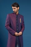 Shop_Arihant Rai Sinha_Wine Jacquard, Silk Brooches, Tassels Navy Blue Dupion Sherwani Set _Online_at_Aza_Fashions