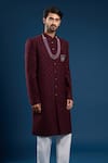 Arihant Rai Sinha_Maroon Silk, Cotton Embroidery Self Weaving Sherwani And Pant Set _at_Aza_Fashions