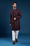 Buy_Arihant Rai Sinha_Navy Velvet, Cotton Embroidery, Zari Blue Sherwani Set _at_Aza_Fashions