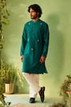Buy_Charkhee_Green Chanderi, Voile, Poplin Embroidery Peacock Designer Kurta And Pant Set _at_Aza_Fashions