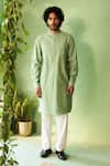 Buy_Charkhee_Teal Chanderi, Voile, Poplin Embroidery Green Kurta And Pant Set _at_Aza_Fashions