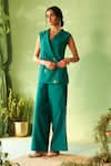 Buy_Charkhee_Green Chanderi, Voile Embroidery V-neck Peacock Jacket And Pant Set _at_Aza_Fashions
