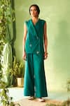 Charkhee_Green Chanderi, Voile Embroidery V-neck Peacock Jacket And Pant Set _Online_at_Aza_Fashions